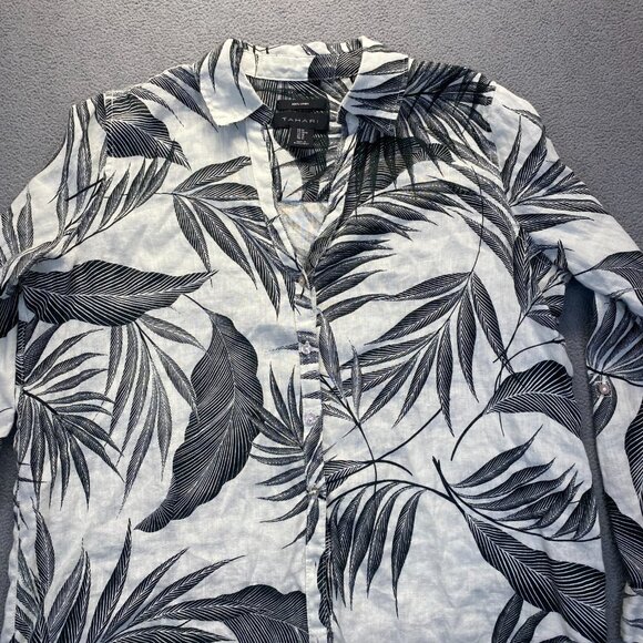 Tahari 100% Linen Button Front Blouse Roll Tab Sleeve Tropical Botanical Size M - Picture 8 of 9